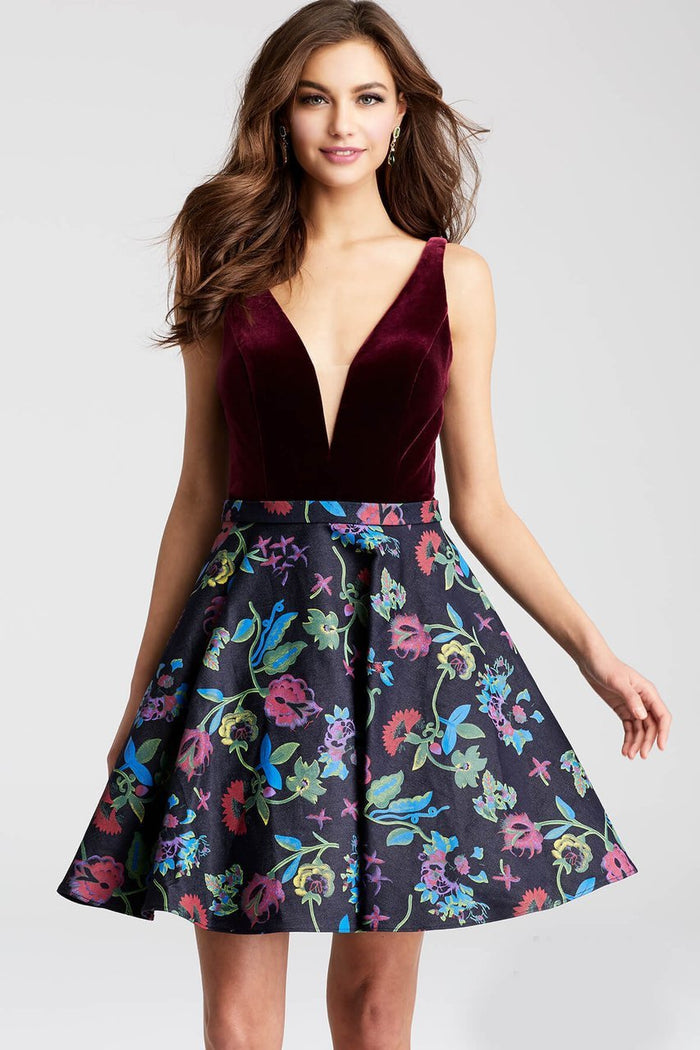 JVN54479 Velvet V-Neck Multi-Color Short Dress