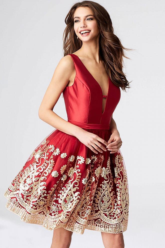 JVN54527 Embroidered Deep V-Neck A-Line Dress