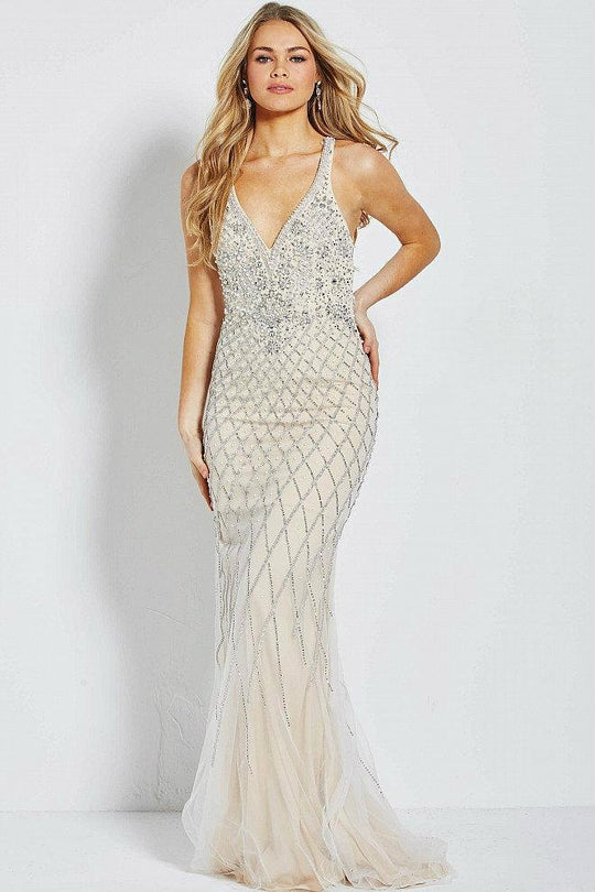 JVN54552 Crystal Embellished Crisscross Fitted Dress