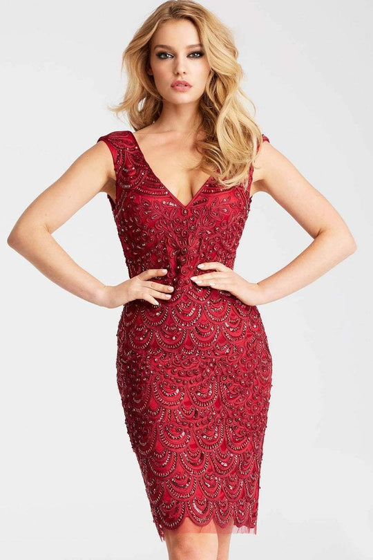 JVN55846 Beaded V-Neck Cocktail Dress