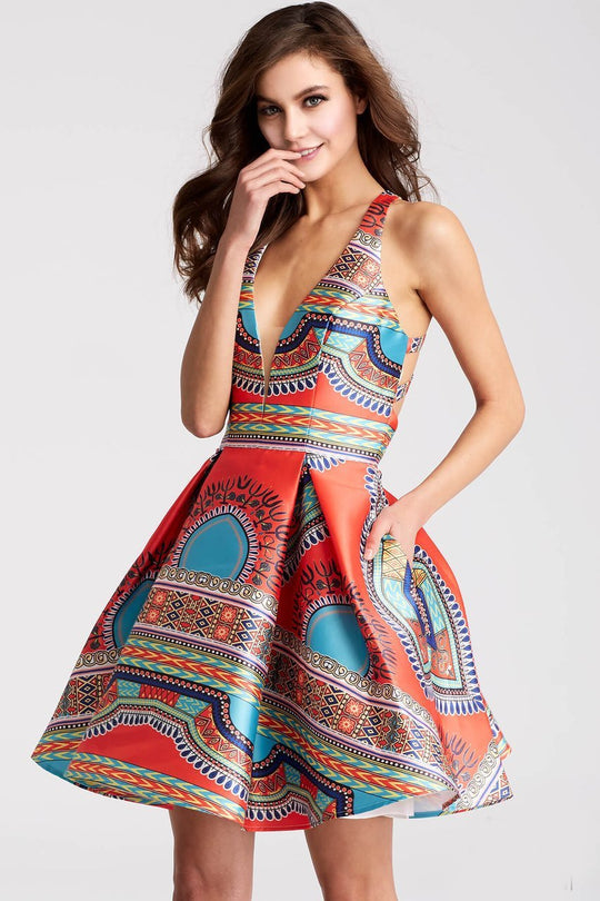 JVN57121 Deep V-Neckline Printed Short Dress