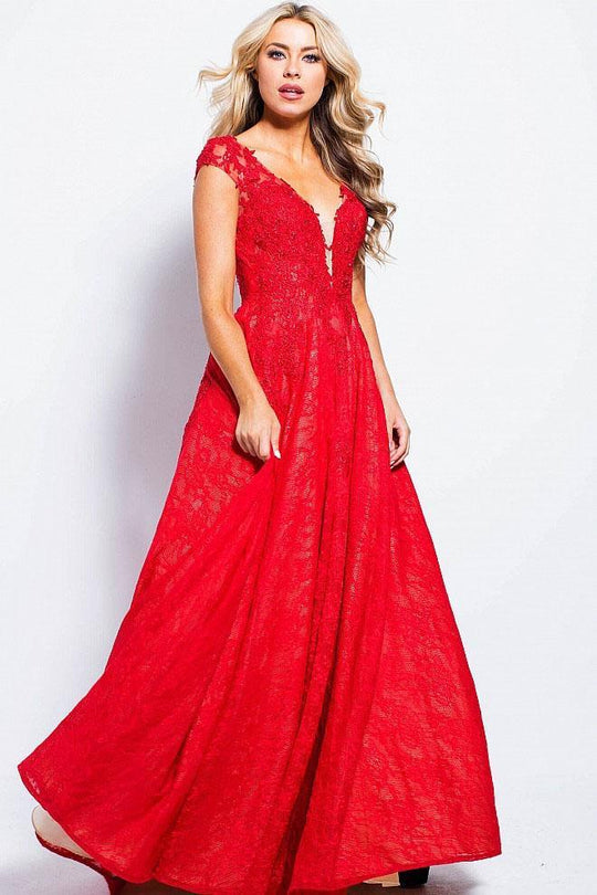 JVN58119 Embroidered Floral Plunging Dress