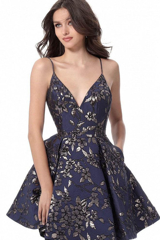 JVN61889 Floral Detailed Plunging V-neck Pleated A-line Dress