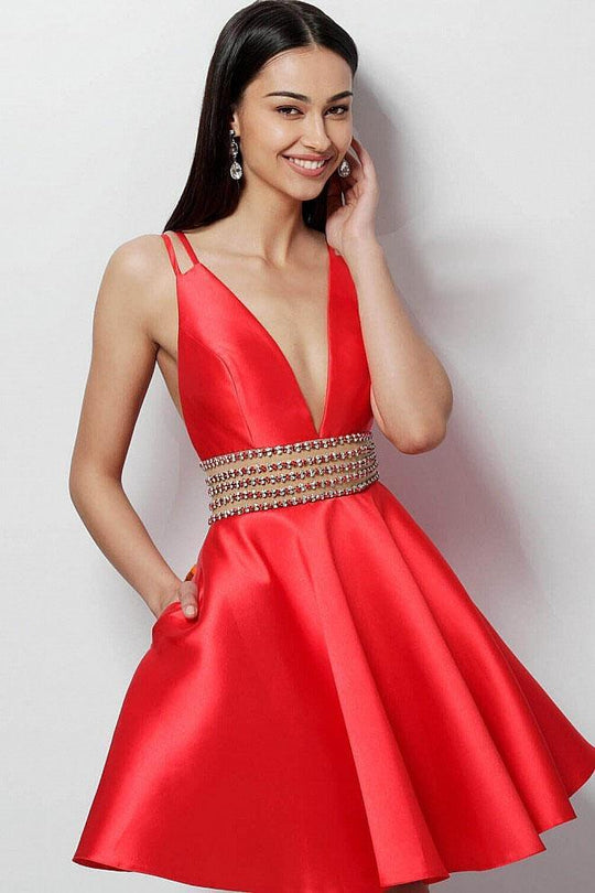 JVN62285 Fitted Plunging Embellished Waist Cocktail Dress