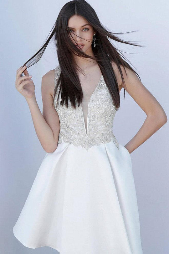 JVN62563 Beaded Plunging Cocktail Dress