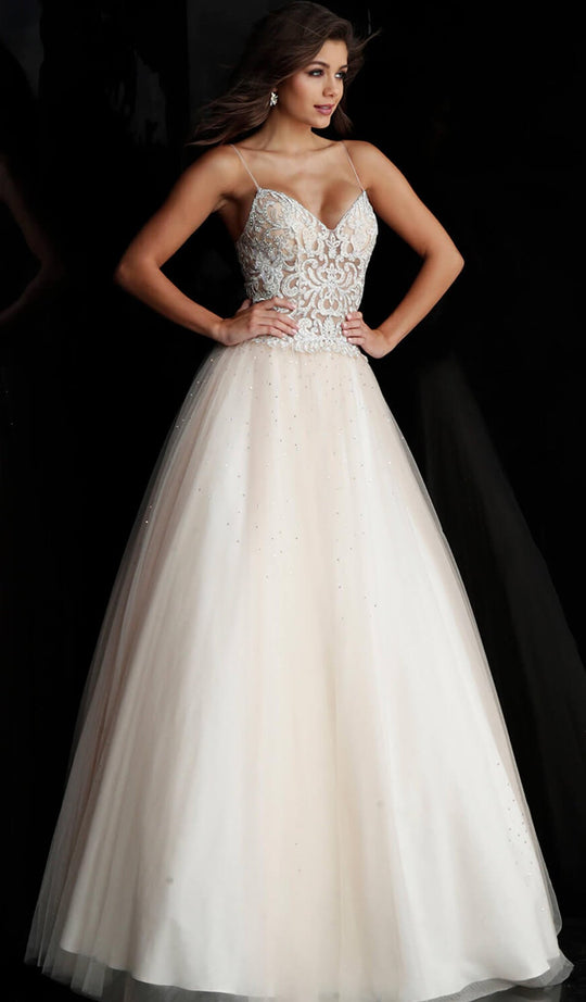 Jovani - JVN62622 Embroidered Plunging V-neck Tulle Ballgown in Nude