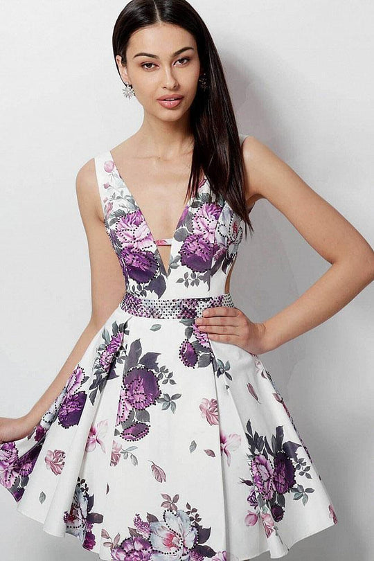 JVN62625 Deep V-neck Floral Print A-line Dress