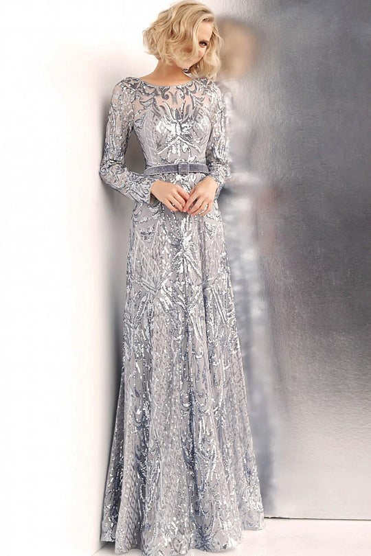 Jovani - Embellished Bateau Long Sleeves Gown JVN62711 In Silver