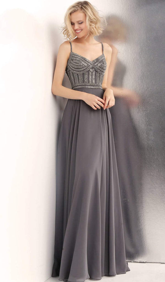 Jovani - JVN62726 Sleeveless Embellished V-neck A-line Dress In Gray