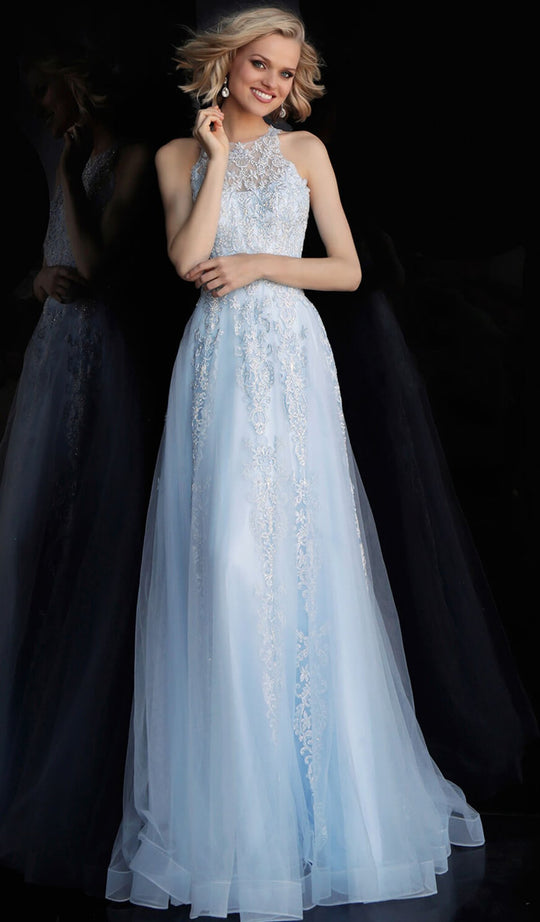 Jovani - JVN64157 Sleeveless Lace Embroidered Tulle Gown in Blue