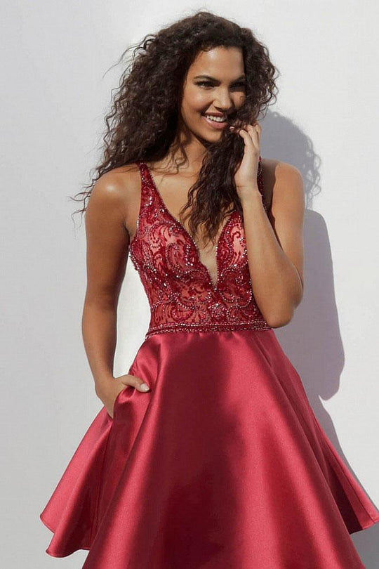 JVN64206 Embellished Deep V-neck A-line Dress