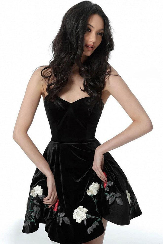 JVN64496 Floral Embroidered Velvet A-line Dress