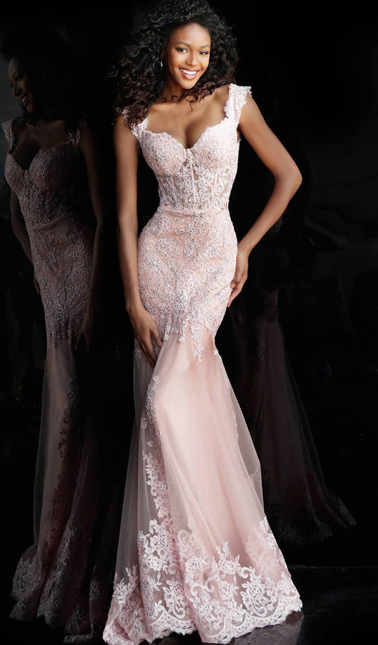 Jovani - JVN65688 Lace Embroidered Sweetheart Trumpet Dress in Pink