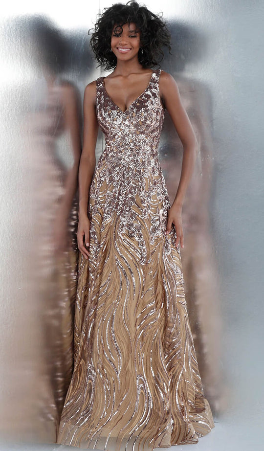 Jovani - JVN65806 Sequined Plunging V-neck A-line Dress In Brown