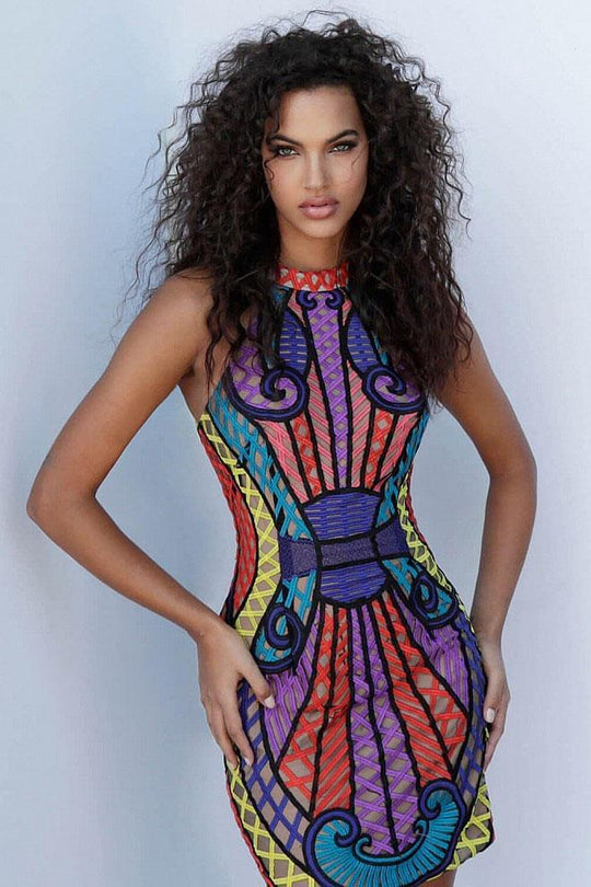 JVN65816 Multi-Colored Net Patterned Halter Sheath Dress