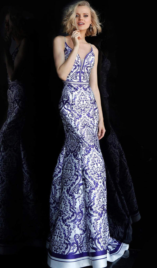 Jovani - Plunging Sweetheart Print Mermaid Gown JVN65906 In White and Print