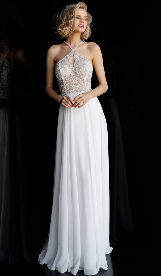 Jovani - JVN66065 Keyhole Illusion Halter Chiffon Gown in White