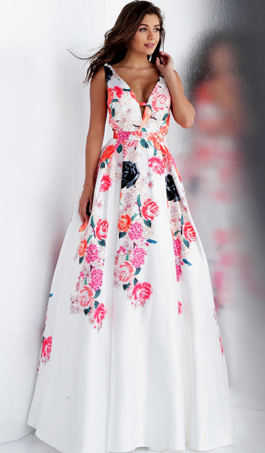 Jovani - JVN66068 Deep V-neck Floral Printed Ballgown in White and Print
