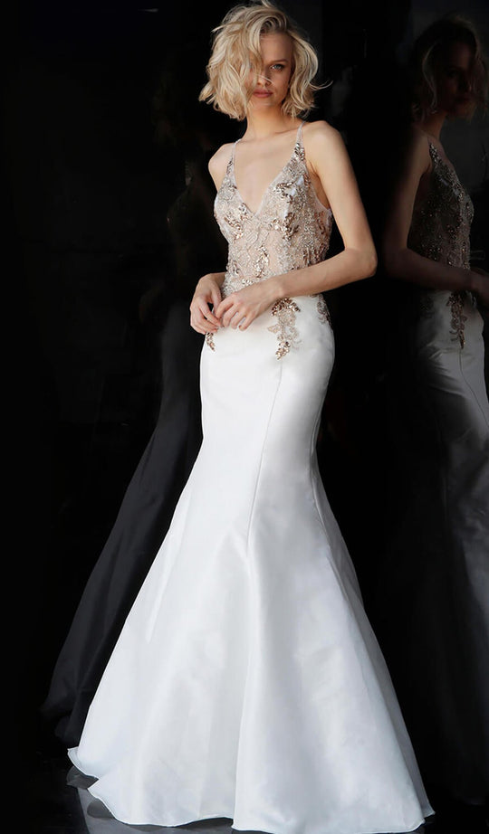 Jovani - JVN66071 Floral Applique Plunging V-neck Mermaid Dress in White