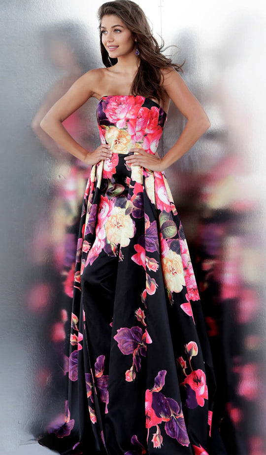 Jovani - JVN66076 Floral Print Strapless Overskirt Gown in Black and Print