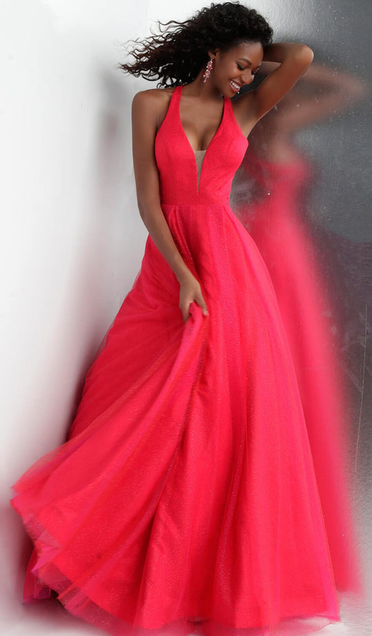 Jovani - JVN66137 Plunging Halter Glitter Tulle Ballgown In Red
