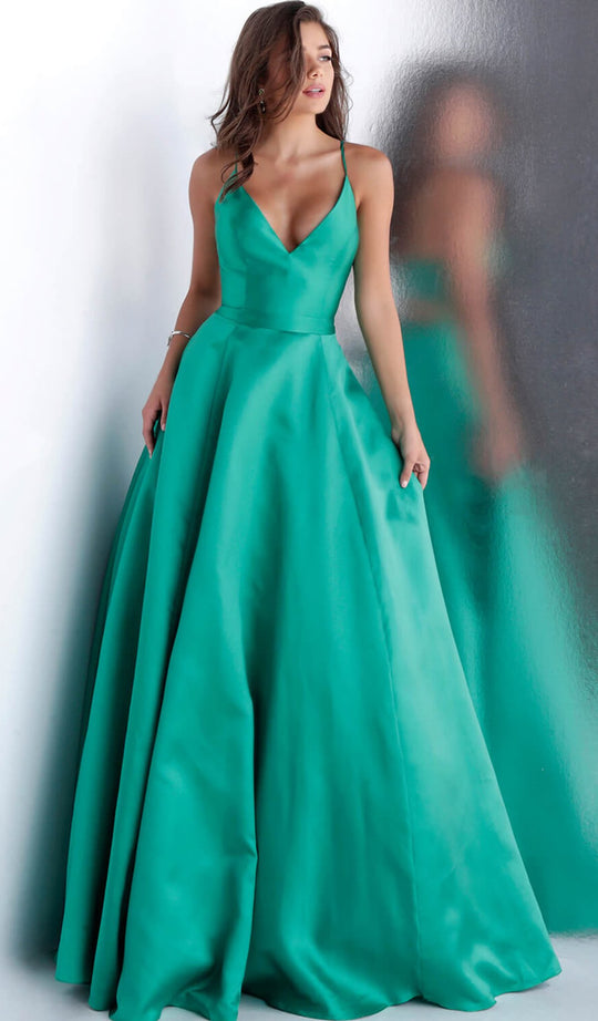 Jovani - JVN66673 Plunging V-neck Ballgown With Cutout in Green