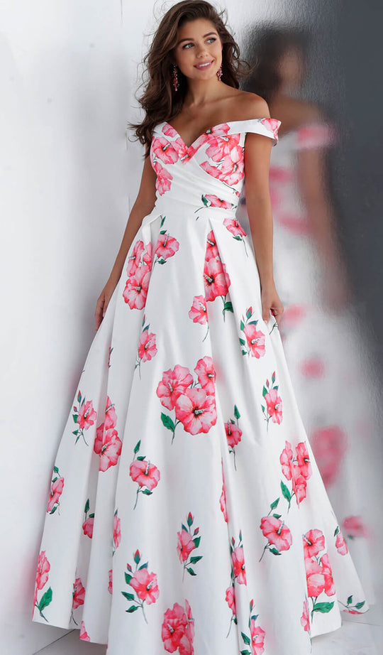 Jovani - JVN66895 Floral Printed Pleated Off-Shoulder Ballgown in White and Print
