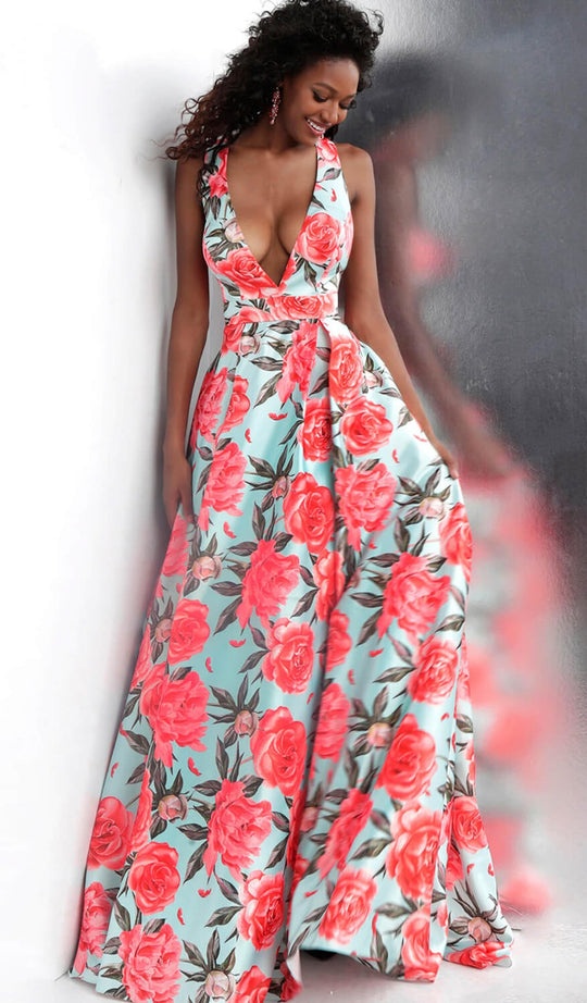 Jovani - JVN66937 Plunging Neck Floral Print Satin Gown in Blue and Print