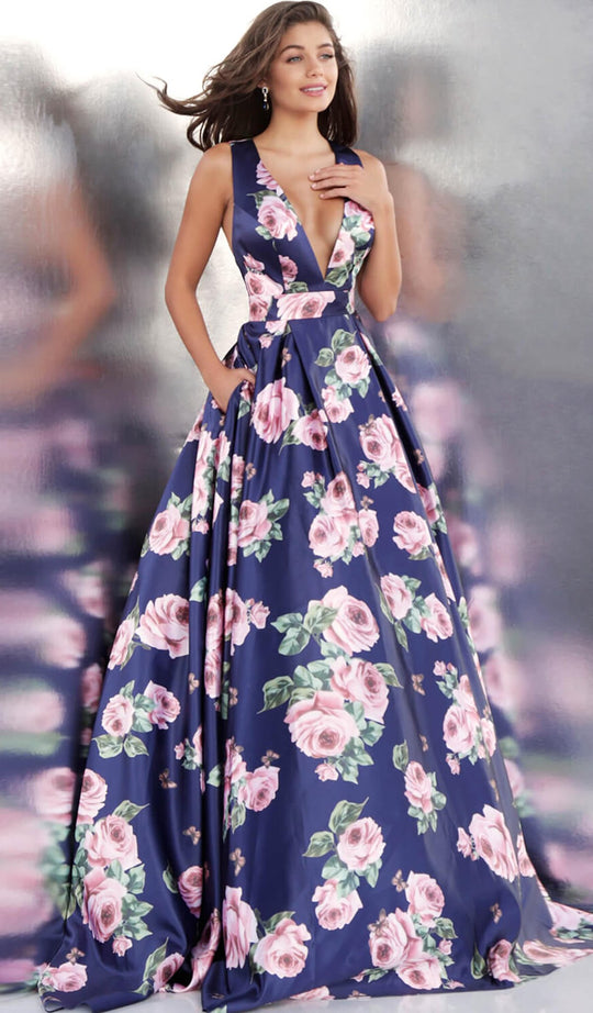 Jovani - JVN66938 Plunging Floral Print Satin Ballgown in Blue