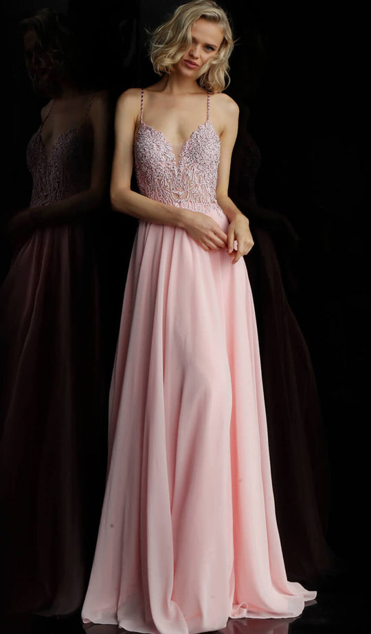 Jovani - JVN67066 Embroidered Deep V-neck A-line Dress in Pink