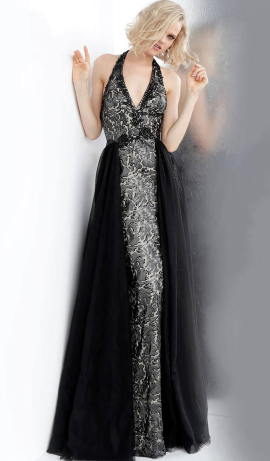 Jovani - JVN67246 Plunging Halter Sheer Overskirt Gown in Black