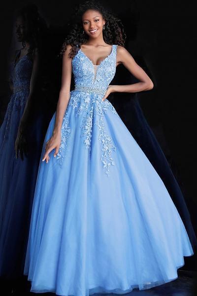 Jovani - Lace Embellished Plunging V-neck Ballgown JVN68258 In Blue