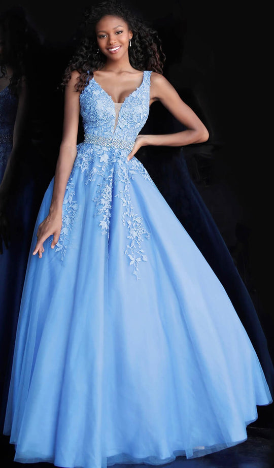 Jovani - JVN68258 Embellished Lace Deep V-neck Ballgown in Blue
