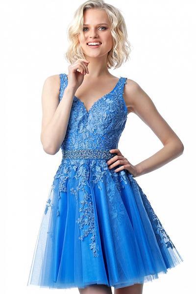 Jovani - JVN68267 Bedazzled V-neck A-line Cocktail Dress In Blue