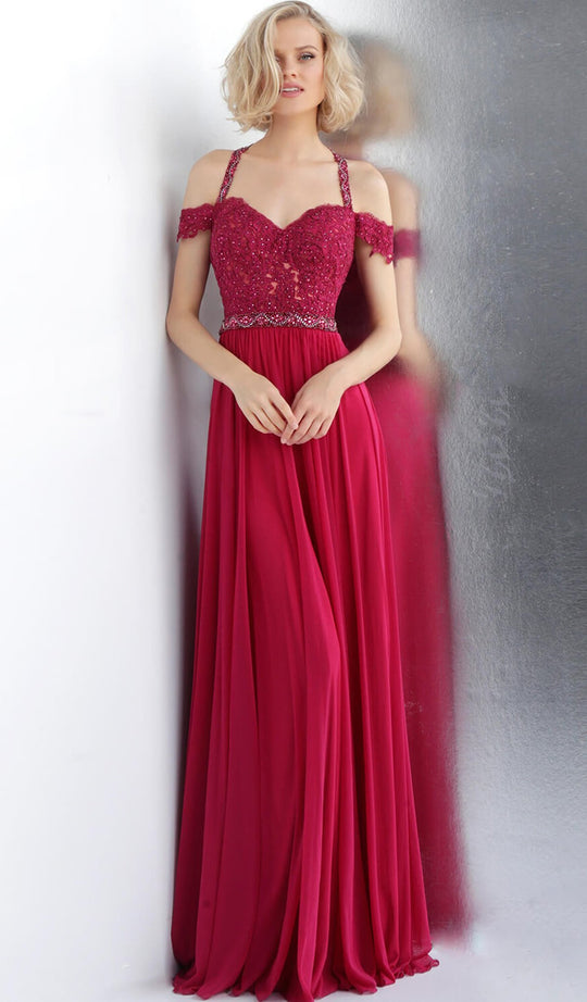 Jovani - JVN68269 Embellished Lace Off-Shoulder A-line Dress In Red