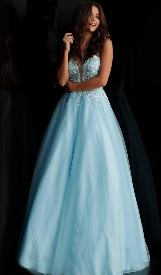 Jovani - JVN68272 Embroidered Deep V-neck Tulle Ballgown in Blue
