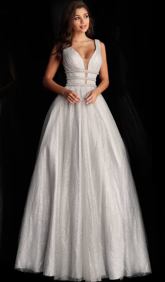 Jovani - JVN68274 Plunging V-Neck Tri-Band Glitter Gown in Gray