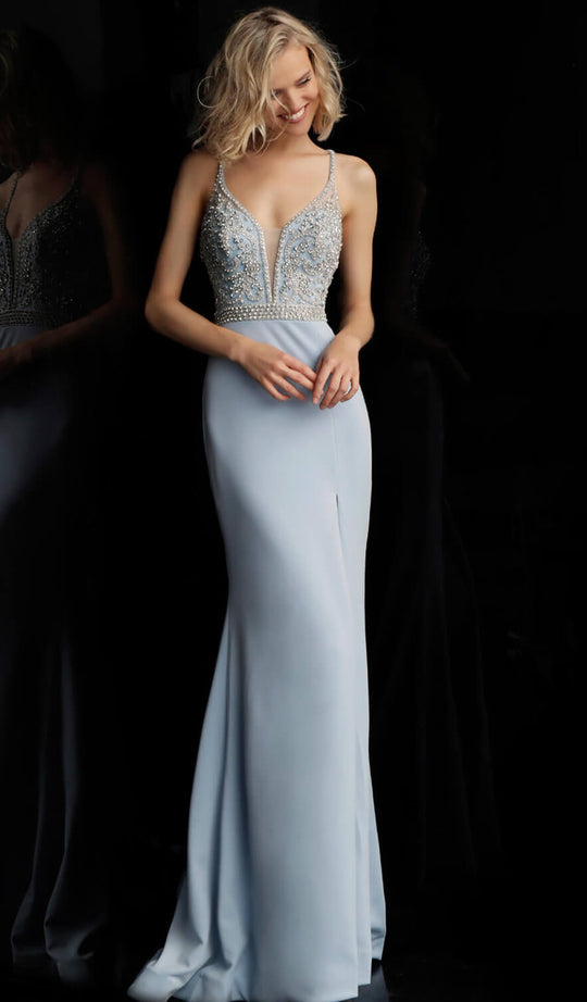 Jovani - JVN68317 Beaded Deep V-neck Mermaid Dress In Blue