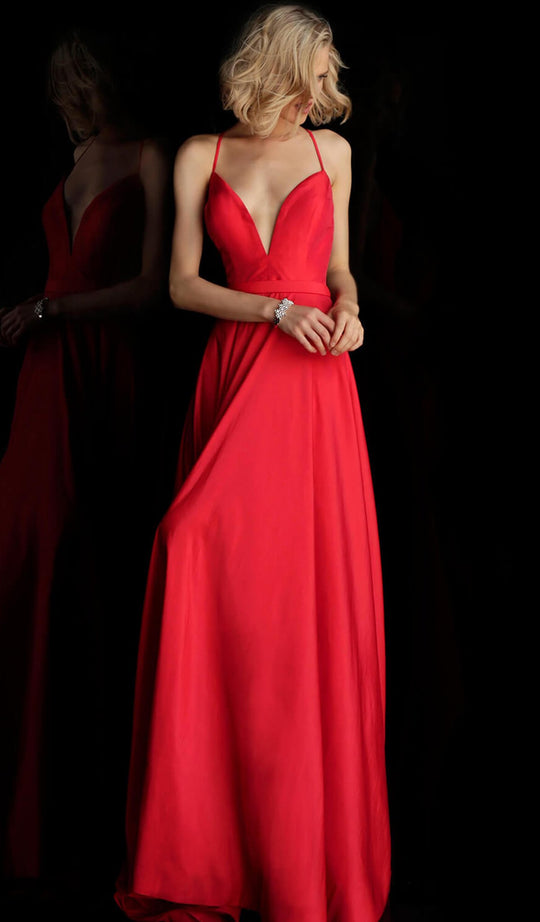 Jovani - JVN68321 Sleeveless Deep V-neck A-line Dress in Red