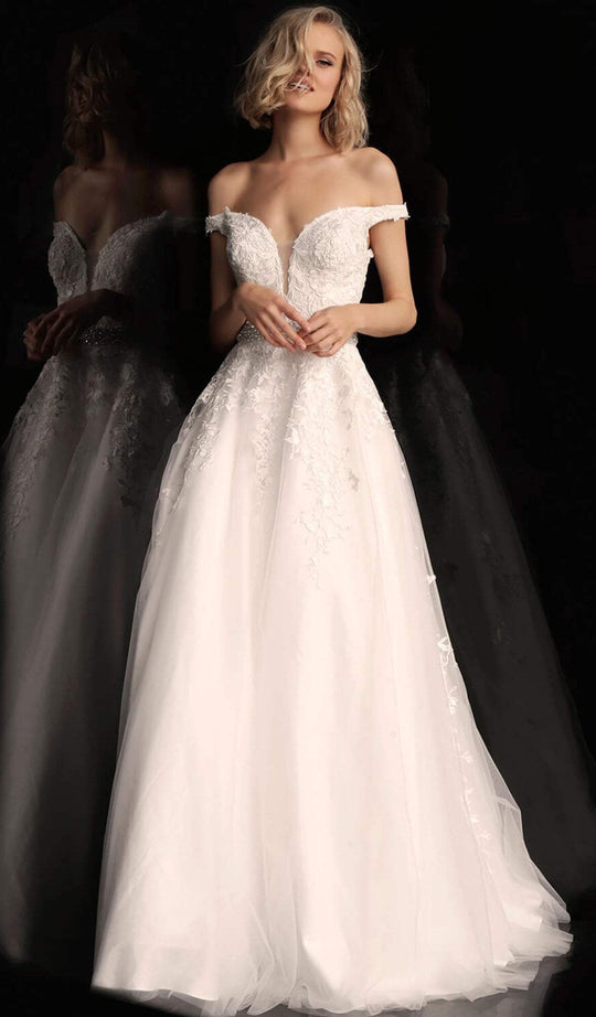 Jovani - JVN68620 Applique Plunging Off-Shoulder Ballgown In White