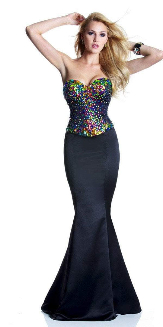 Janique - Bedazzled Strapless Sweetheart Top/Satin Bottom Mermaid Evening Gown JQ3334 in Blue and Multi-Color
