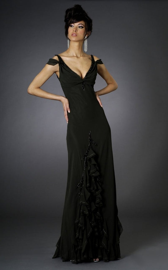 Janique - Unique Evening Gown with Ruffle Inserts J026 In Black