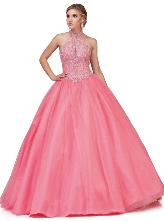 Dancing Queen - 1196 Beaded High Neck Quinceanera Dress In Pink