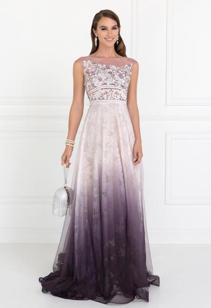 GL1599 Cap Sleeve Ombre Floral Appliqued A-Line Gown
