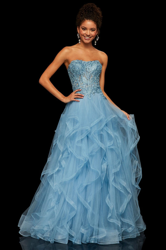 Sherri Hill - 52504 Strapless Metallic Lace Beaded Ballgown In Blue