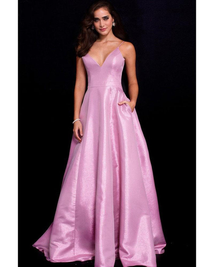 59915 Fitted V Neck Metallic Gown