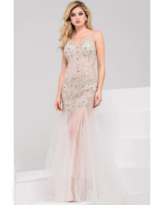 JVN48761 Crystal Embellished Fitted V-Neck Evening Gown
