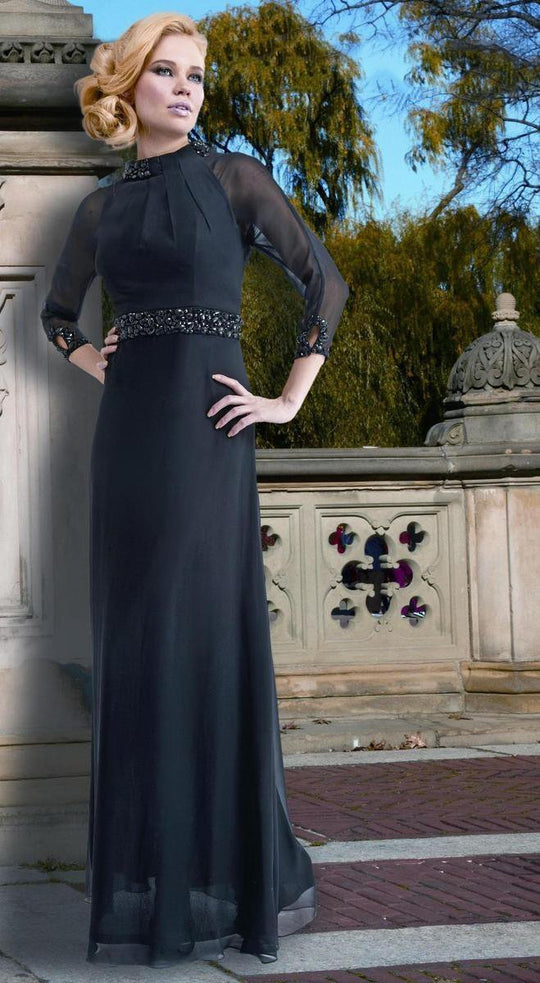 Janique K-1200 3/4 Sleeve Silk Chiffon Gown in Blk