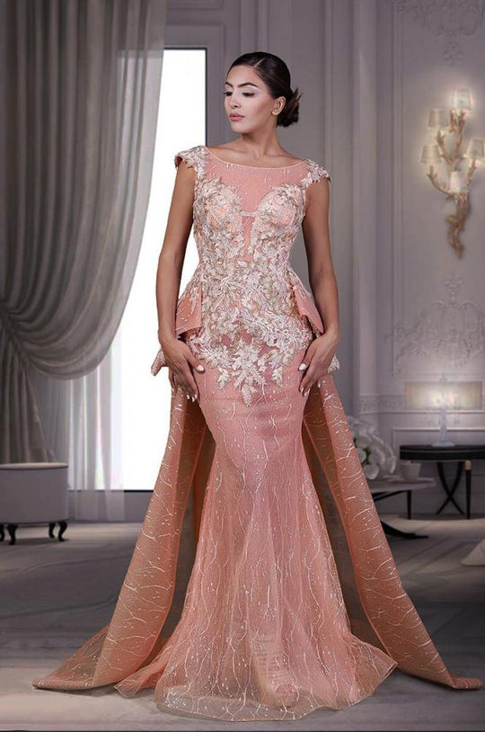 MNM Couture - K3532 Floral Embellished Mermaid Gown with Back Peplum in Pink