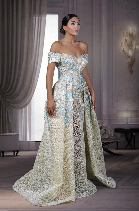 MNM Couture - K3533 Off Shoulder Floral Pleated Ballgown in Yellow